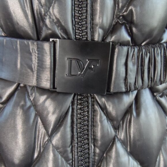 New Diane Von Furstenberg Black Quilted Down Coat w/Faux Fur Trim Hood Size S - Picture 7 of 16